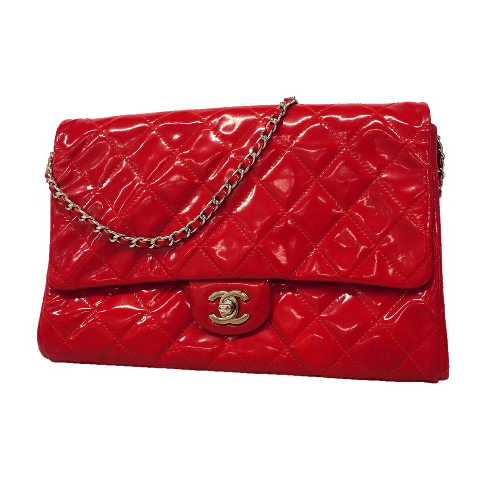 Chanel Matelassé Chain Shoulder Bag, Patent Leather, Red, Women's, OP017900